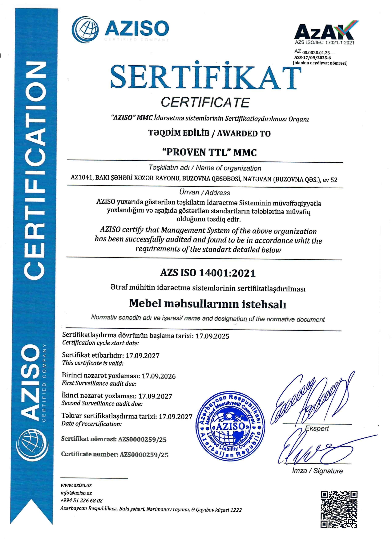 ISO 14001:2021 sertifikatının surəti