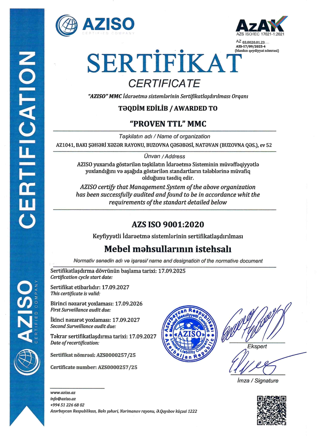 ISO 9001:2020 sertifikatının surəti