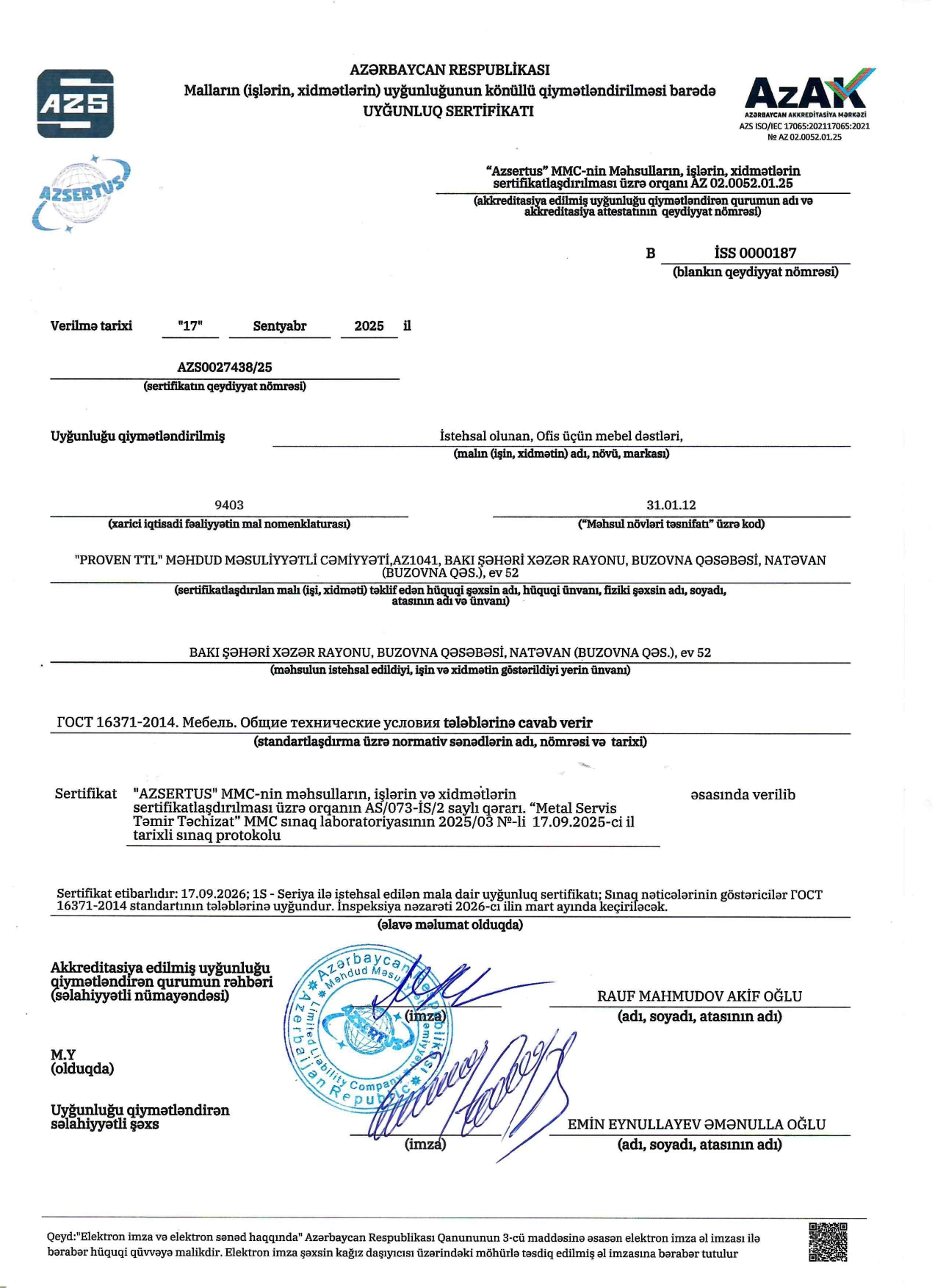 Mebel dəstləri üzrə uyğunluq sertifikatının surəti