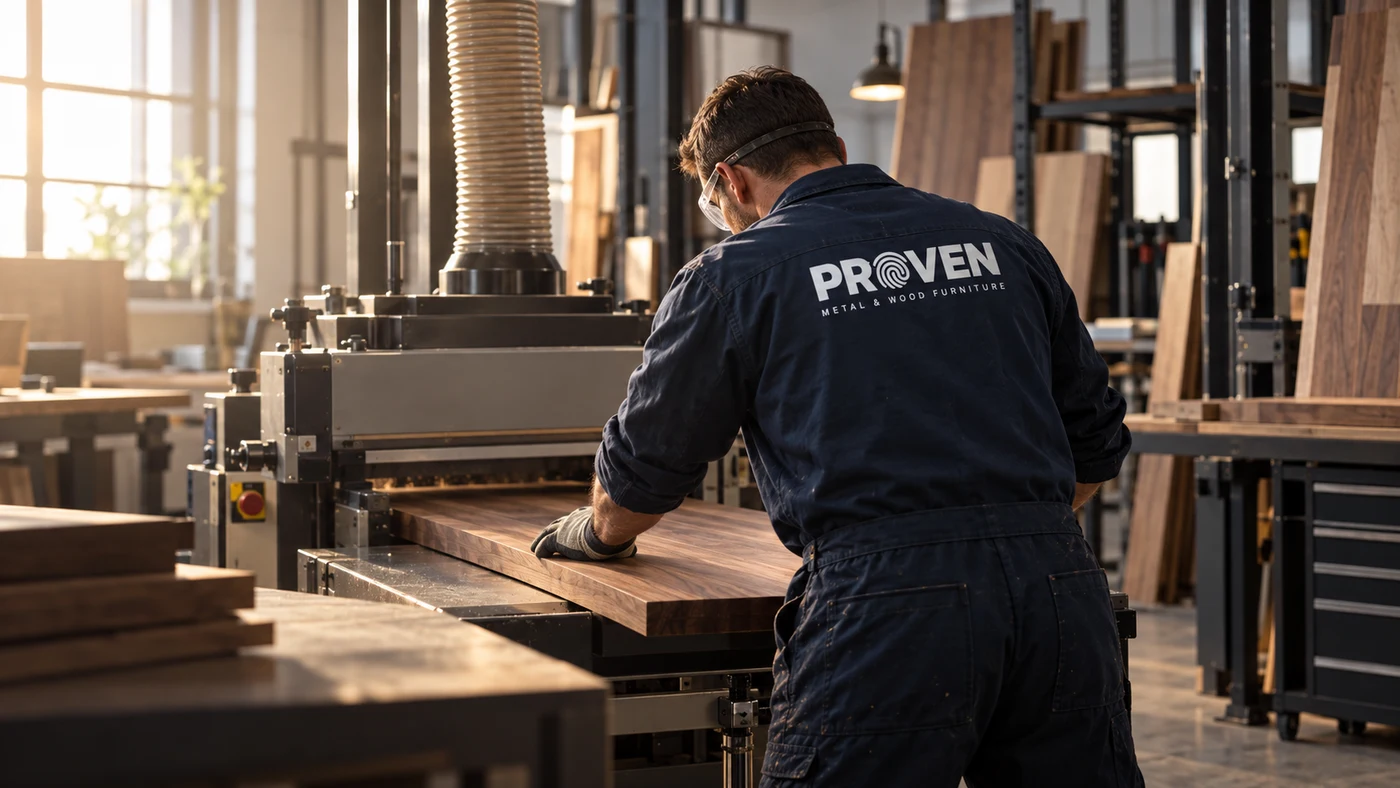 PROVEN loqolu formada usta taxta panel üzərində çalışır
